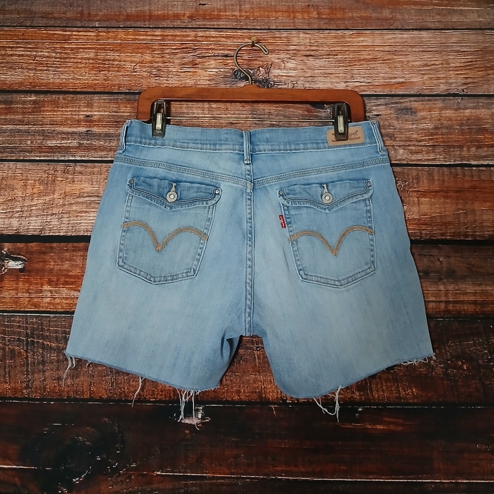 Levis Jean Shorts 10 Cutoffs Flap Pockets Mid Rise Blue Denim Stretch 2012
